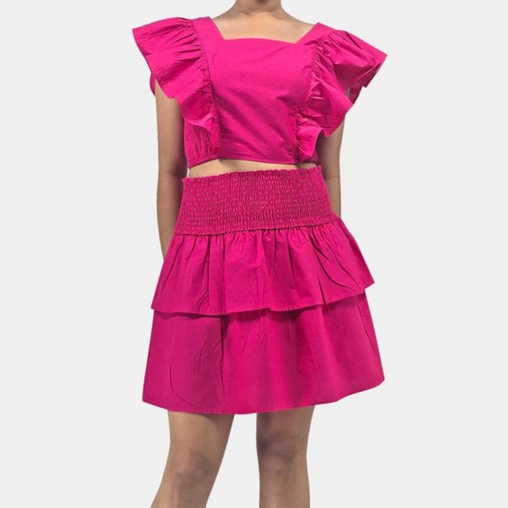HT360 Collective Ruffle Tie Back Crop Top Smocked Waist‎ Tiered Cotton Skirt Set